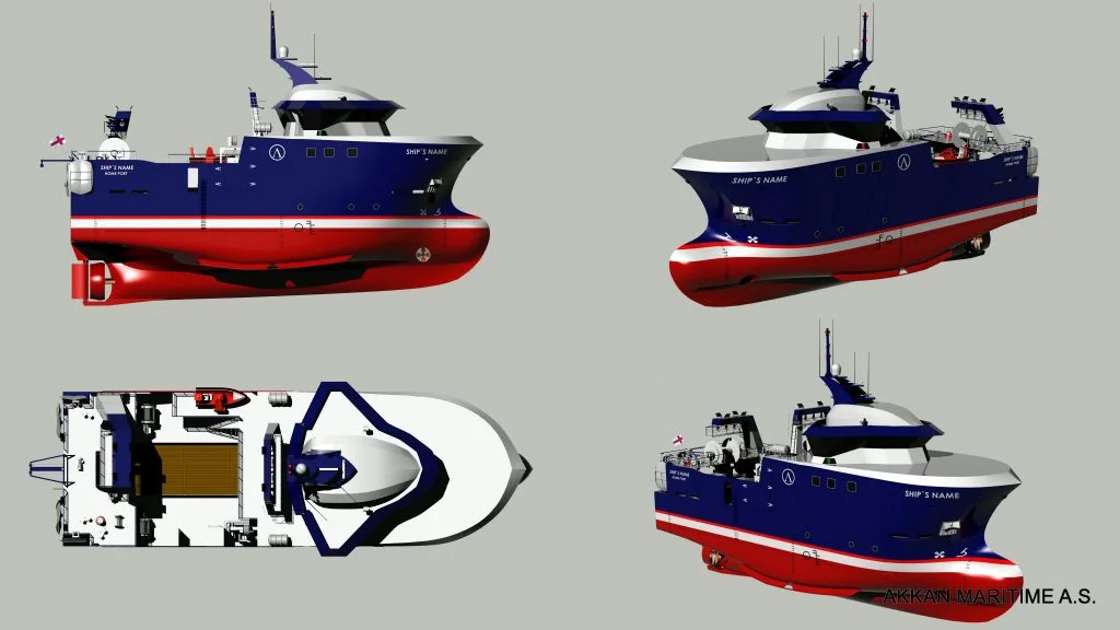 ORCA 35 four-view technical render — side, top, bow and stern views